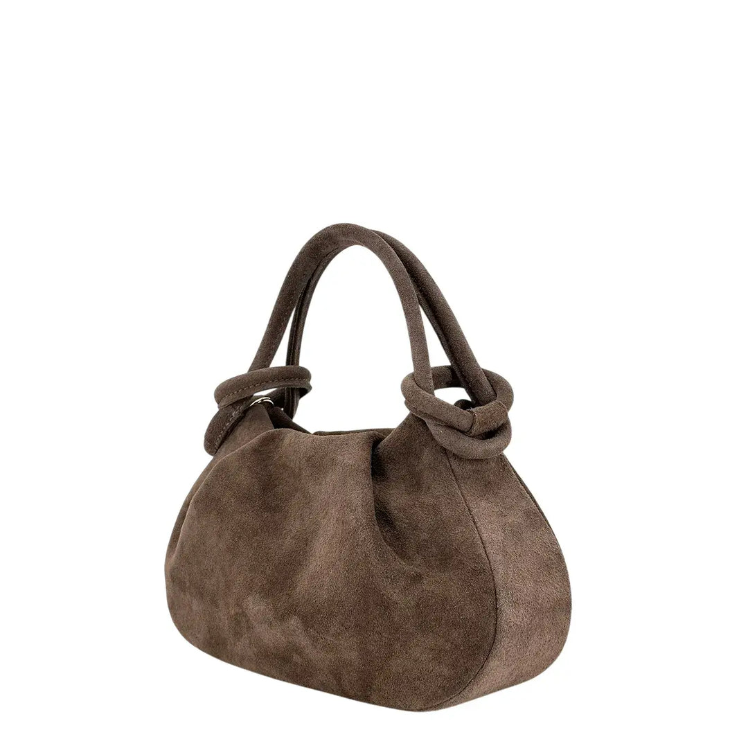 Bassini Borsa Donna Pasticcino in Pelle Scamosciata Taupe con Doppi Manici e Tracolla Rimovibile
