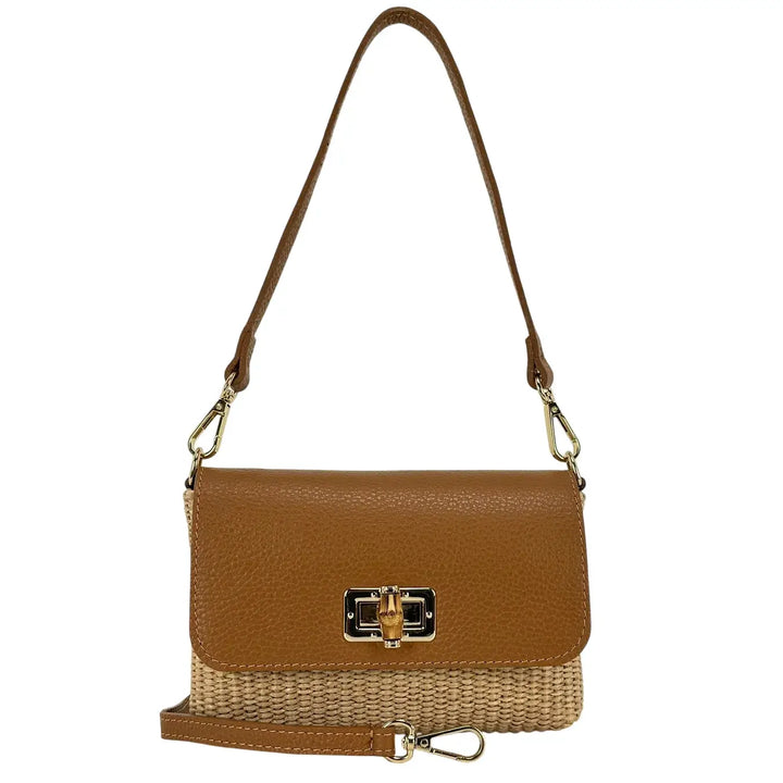 Bassini Borsa Donna Piccola in Raffia e Pelle Cuoio con Tracolla Rimovibile e Girello Bambù