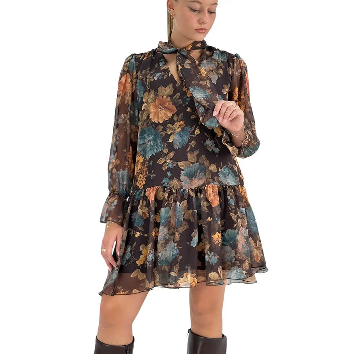 Bassini Abito Donna Corto Nero con Fantasia Floreale, Collo con Fiocco e Maniche Lunghe