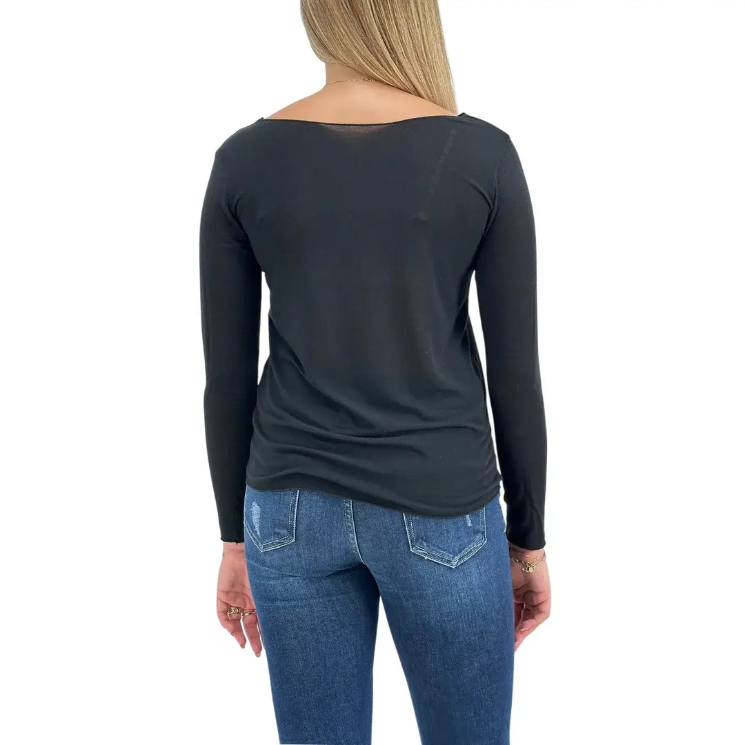 Bassini Maglia Cashmerina Donna Nera Ultralight con Scollo a Barca e Maniche Lunghe