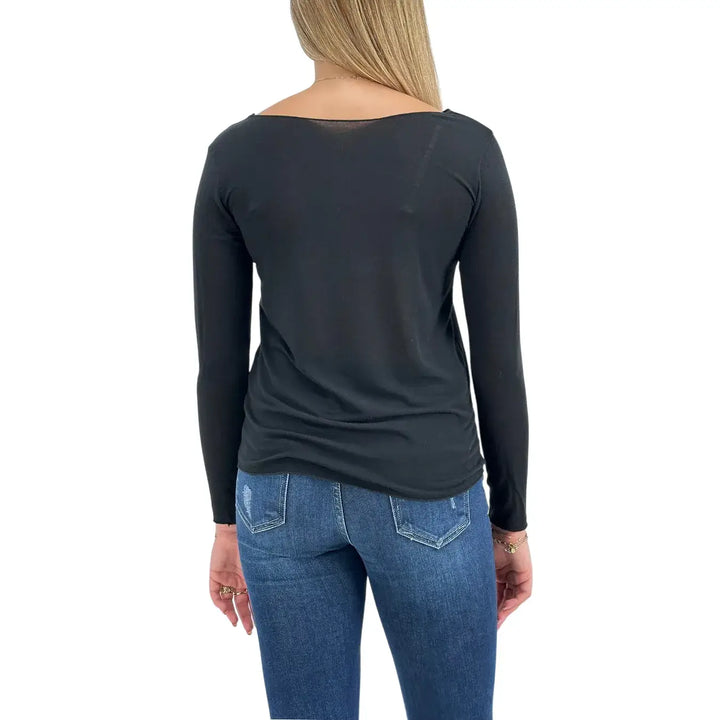 Bassini Maglia Cashmerina Donna Nera Ultralight con Scollo a Barca e Maniche Lunghe