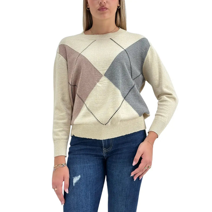 Bassini Maglia Donna Avorio a Rombi Cammello e Grigio con Girocollo e Maniche Lunghe