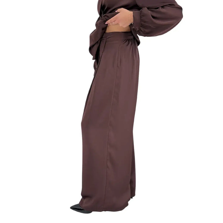 Bassini Pantaloni Donna Palazzo Marrone Oversize con Elastico in Vita e Cintura a Fiocco