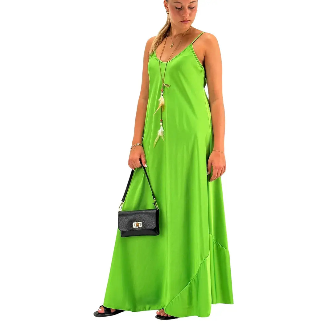 Bassini Abito Donna Verde Prato Sottoveste con Spallini e Collana Piuma Inclusa