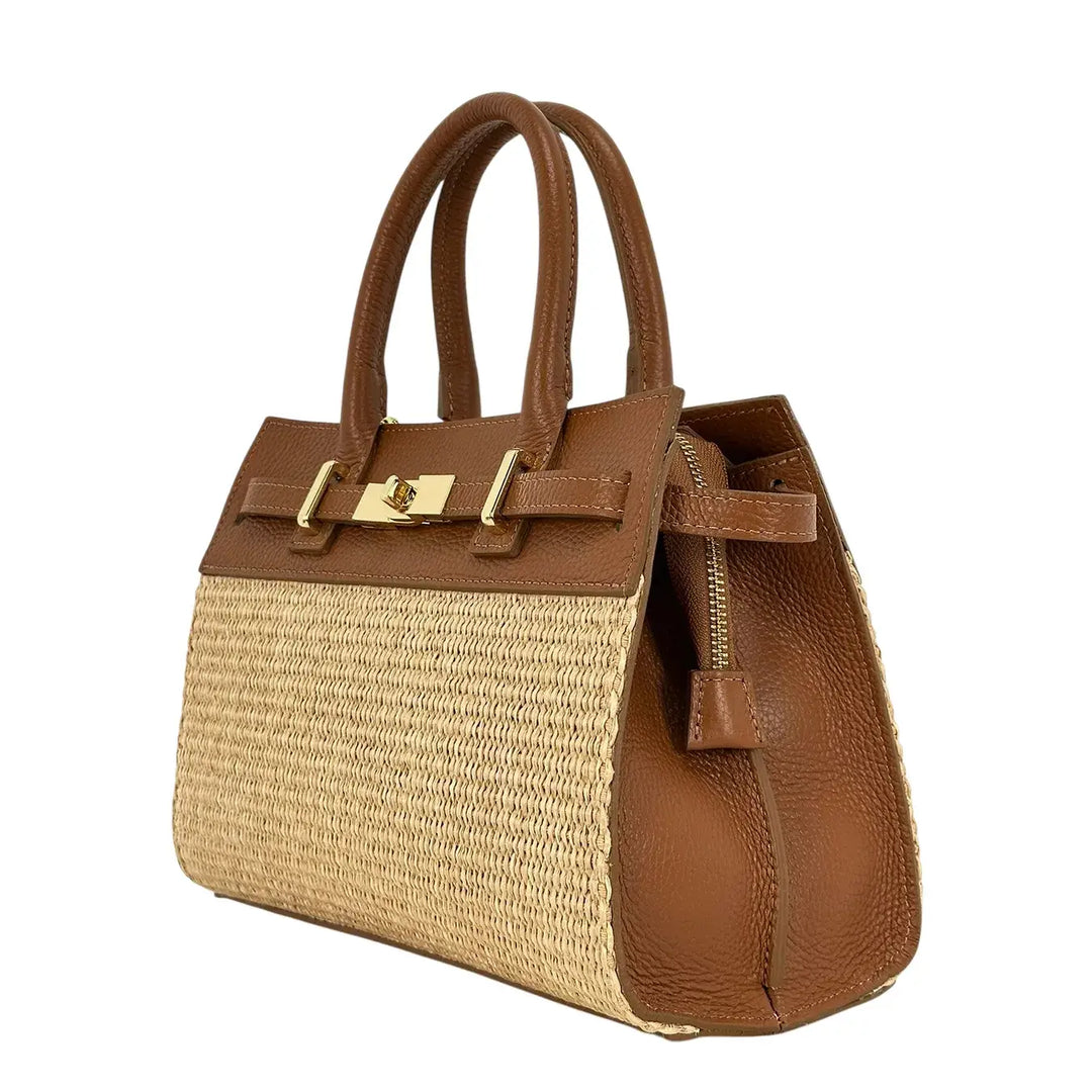Bassini Borsa Donna in Raffia e Pelle Cognac con Due Manici Tracolla Rimovibile e Girello