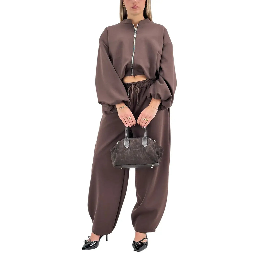 Bassini Giacchetto Donna Cioccolato in Felpa con Zip, Maniche a Sbuffo e Tasche Laterali