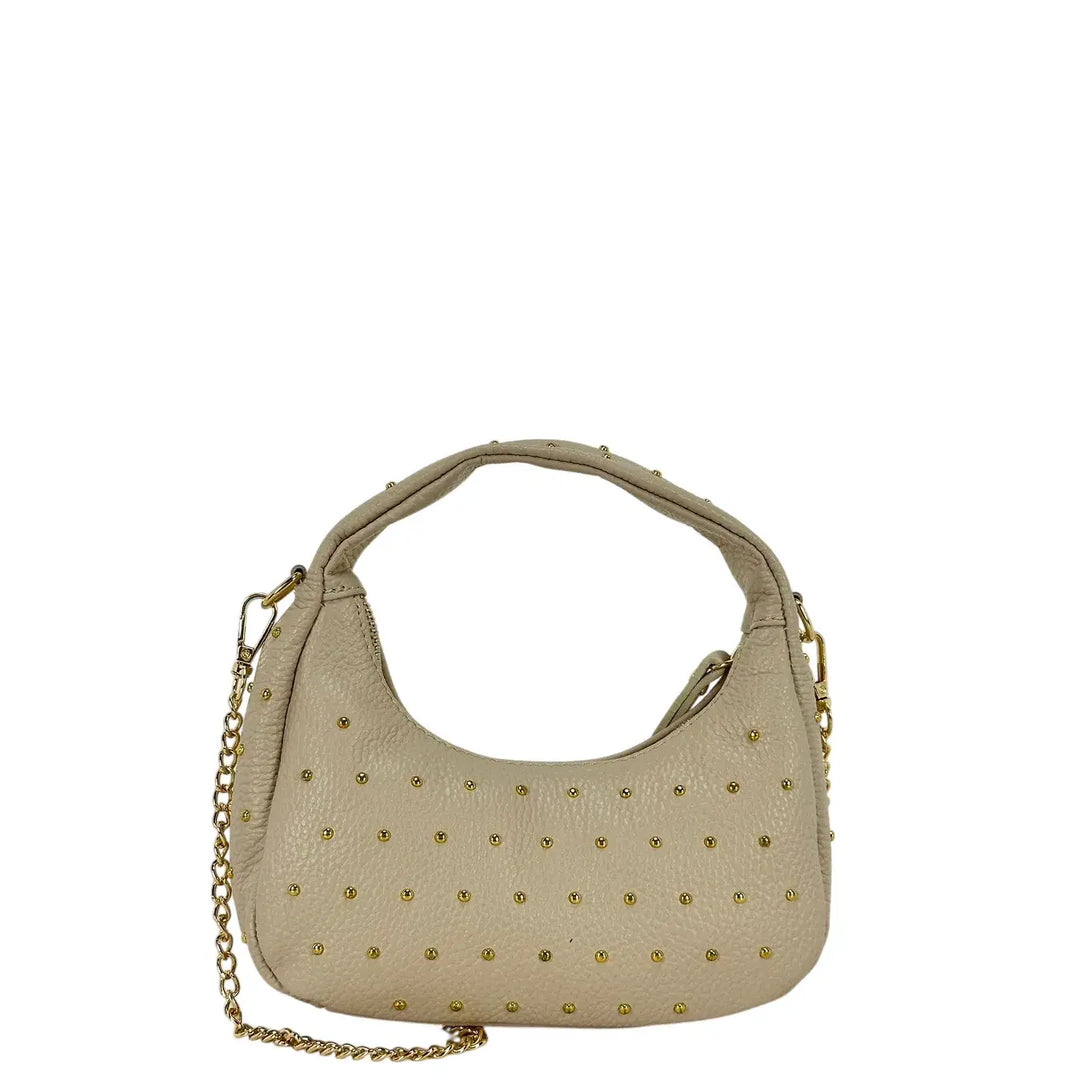 Bassini Borsa Donna Mini Sacca in Pelle Avorio con Borchie Oro e Tracolla Catena Rimovibile