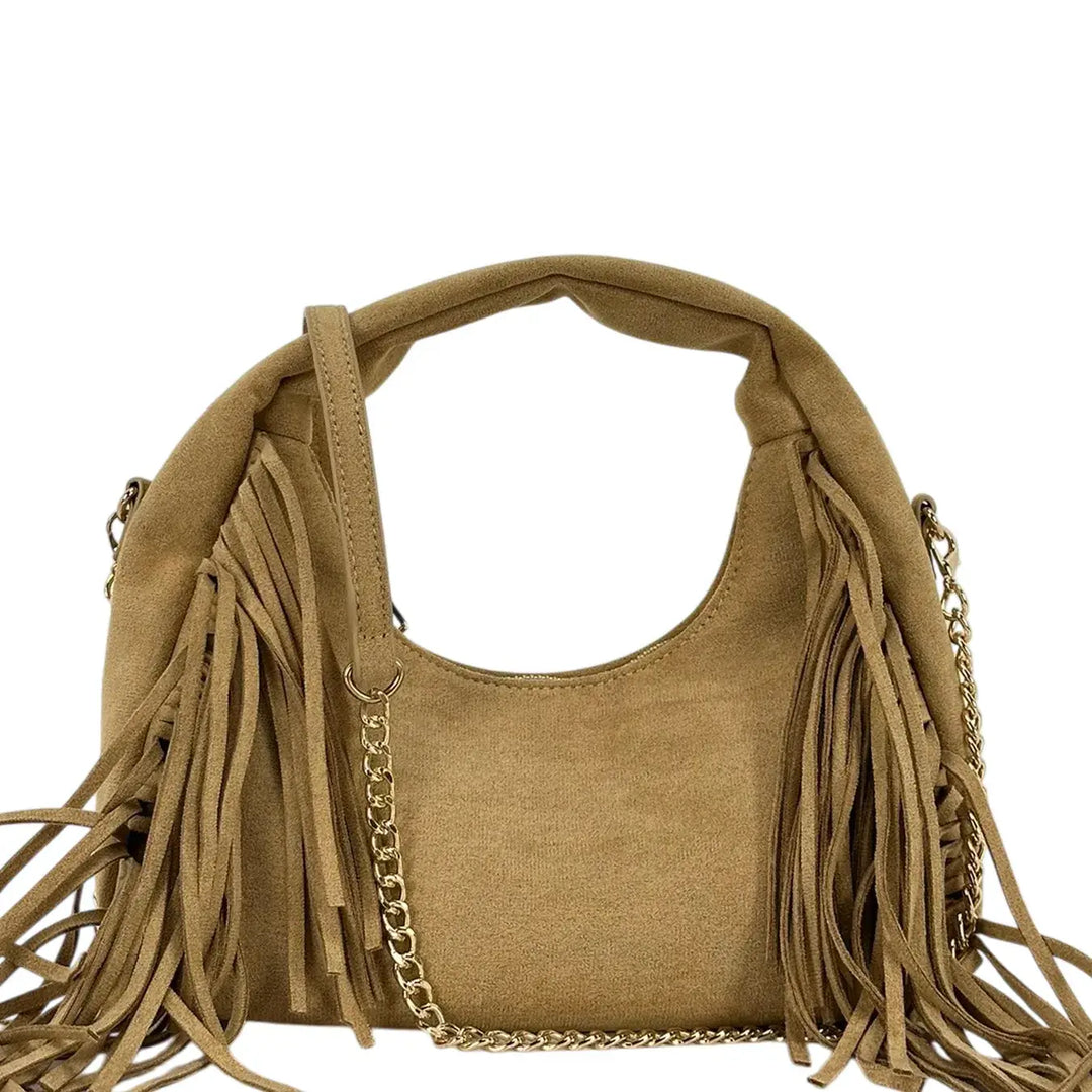 Bassini Borsa Donna in Ecopelle Albicocca a Spalla con Frange Laterali e Tracolla Catena Rimovibile