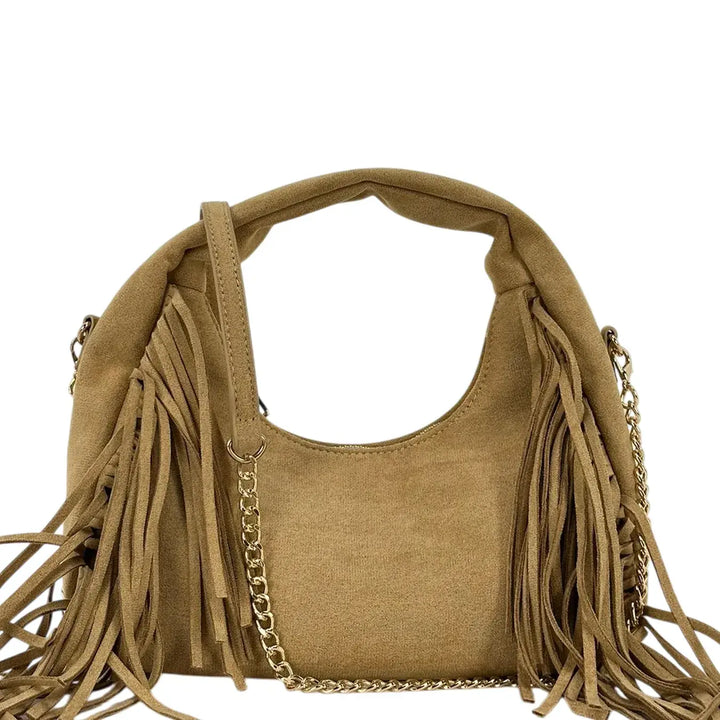 Bassini Borsa Donna in Ecopelle Albicocca a Spalla con Frange Laterali e Tracolla Catena Rimovibile