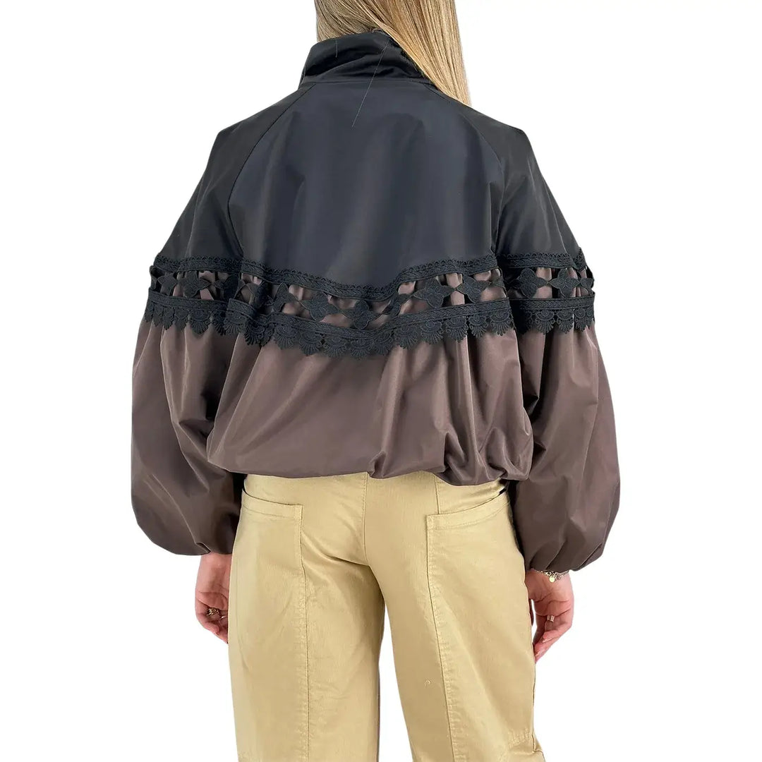Bassini Bomber Donna Cioccolato Oversize con Inserti in Pizzo Nero e Polsini a Sbuffo