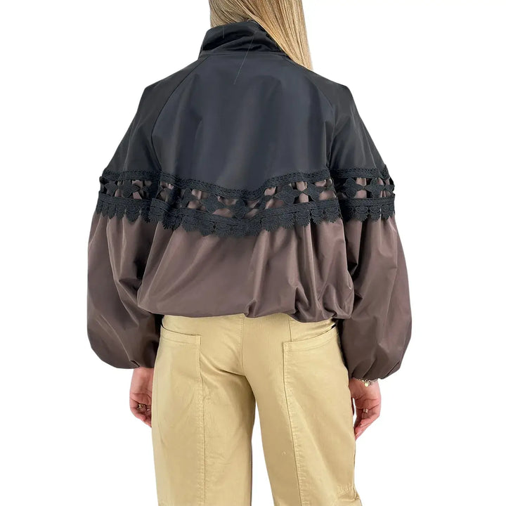 Bassini Bomber Donna Cioccolato Oversize con Inserti in Pizzo Nero e Polsini a Sbuffo