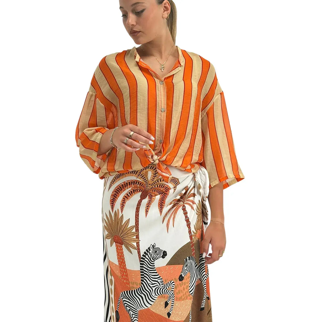 Bassini Camicia Donna Arancio a Righe con Nodo Frontale, Collo Coreano e Maniche Corte