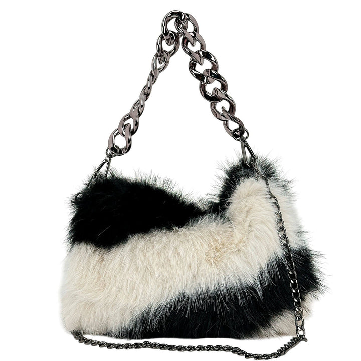 Bassini Borsa Donna, Shoulder Bag Medium, Ecopelliccia, Bianco e Nero