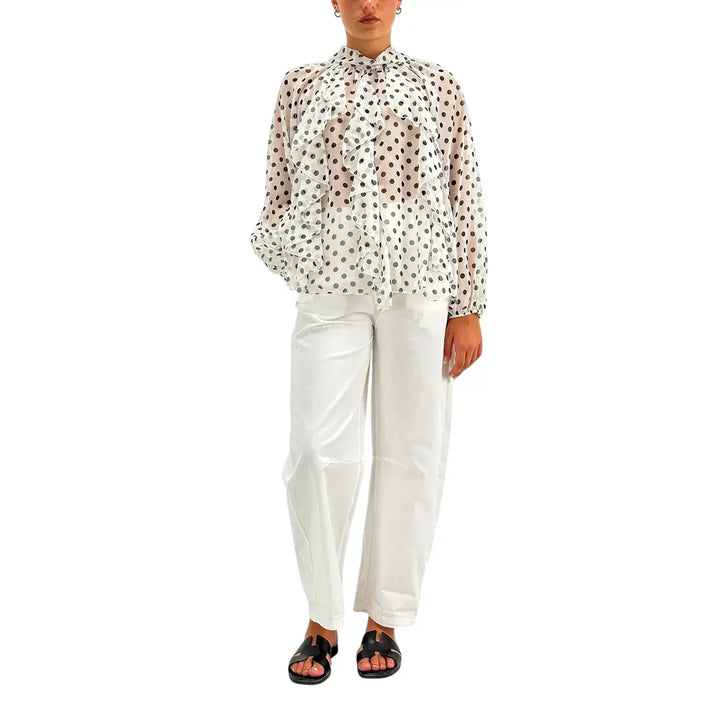 Motel Pantaloni Donna Bianchi Barrel Fit in Cotone con Risvolto sul Fondo