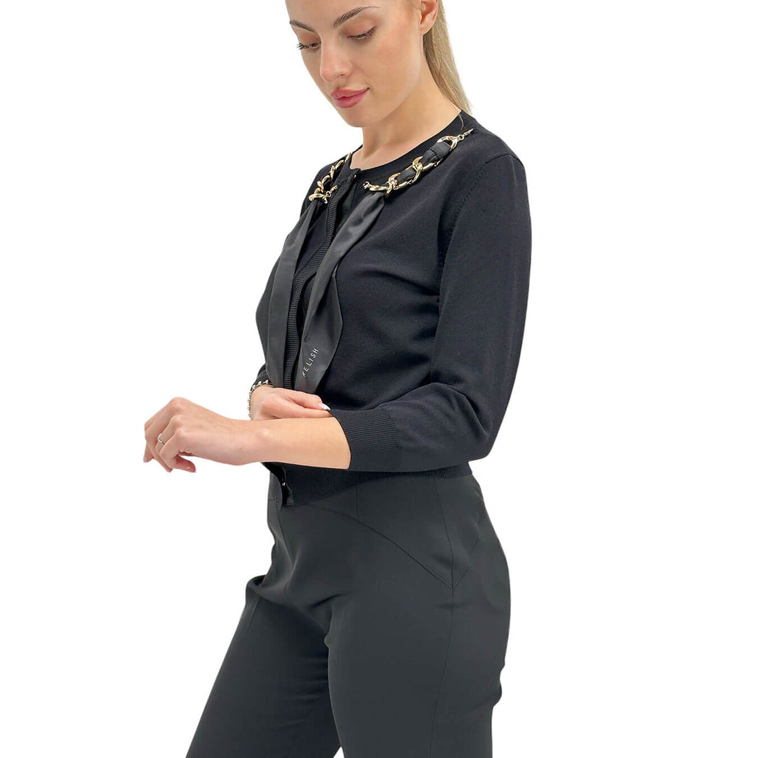 Relish Vilareal Cardigan Donna, Applicazione Foulard Logo, Nero