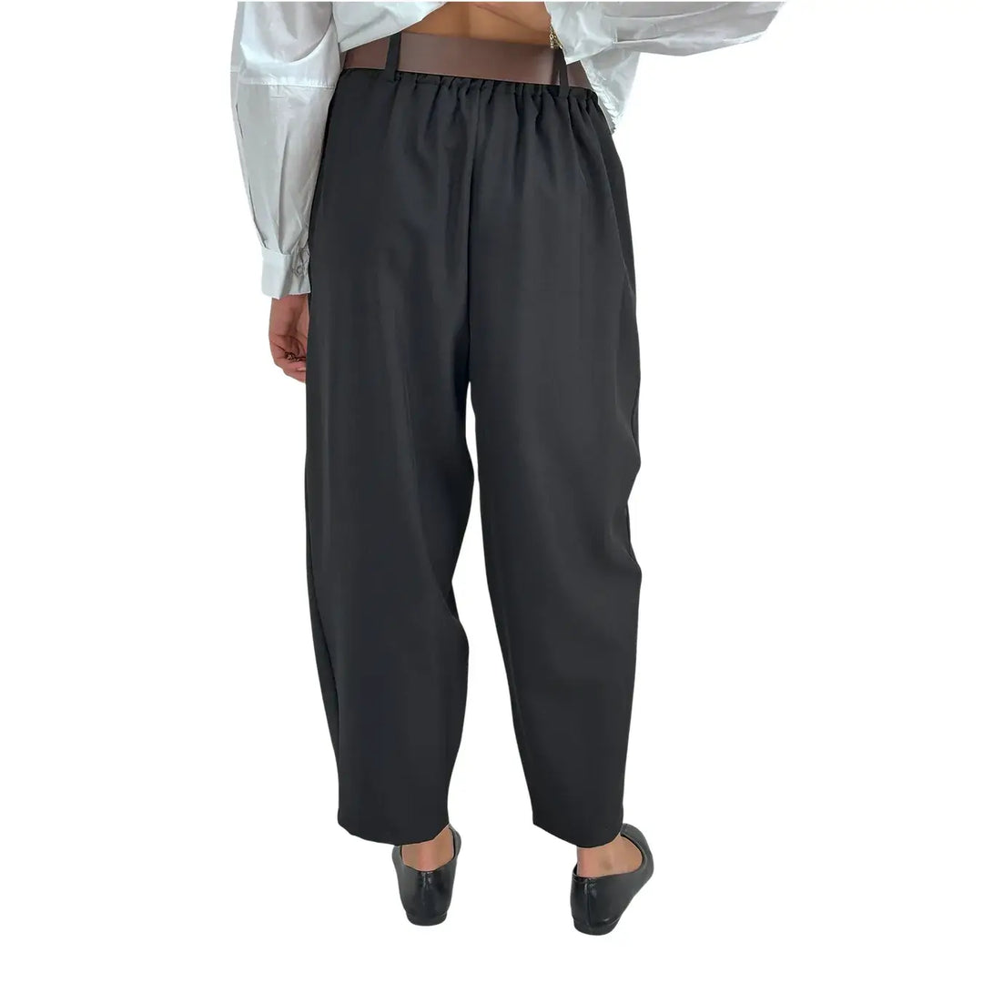 Bassini Pantaloni Donna Neri a Portafoglio con Elastico in Vita e Cintura in Ecopelle