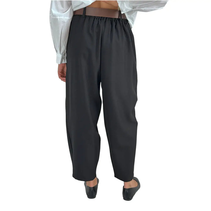 Bassini Pantaloni Donna Neri a Portafoglio con Elastico in Vita e Cintura in Ecopelle