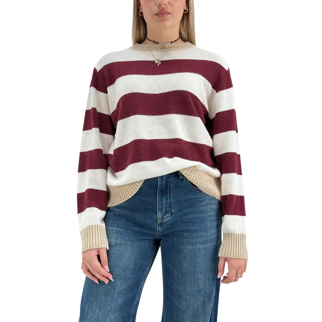 Bassini Maglia Donna Borgogna a Righe Cipria Girocollo con Coste Cammello e Vestibilità Regolare