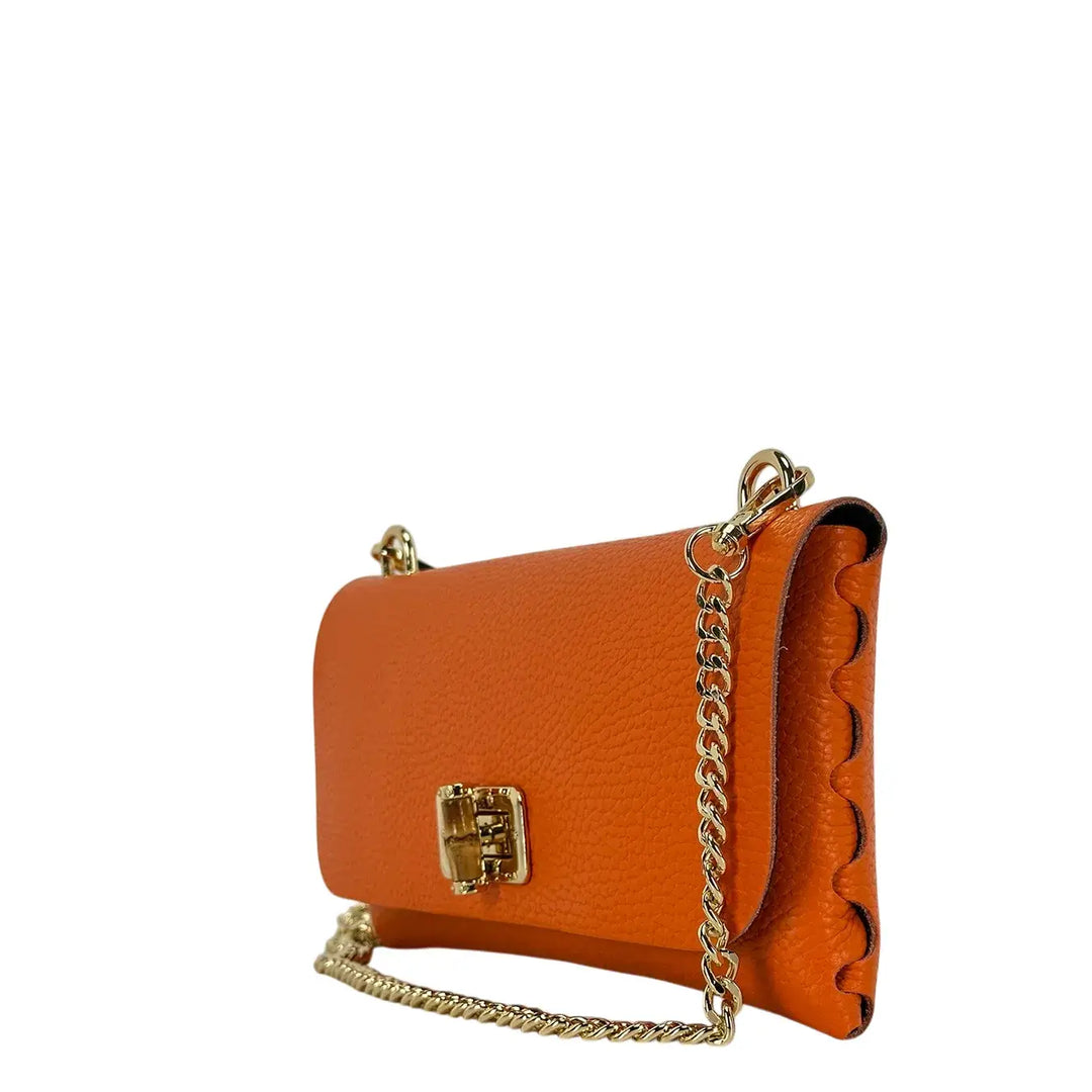 Bassini Borsa Donna Piccola in Pelle Arancio con Tracolla Oro e Chiusura Girello Bambù