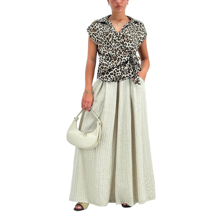 Bassini Pantaloni Donna Ecru Gessati Palazzo in Tessuto Misto