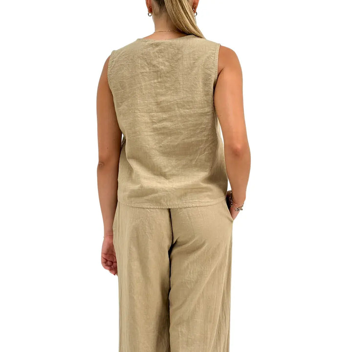 Bassini Camicia Donna Fango Smanicata in Lino e Cotone con Bottoni e Collo a V
