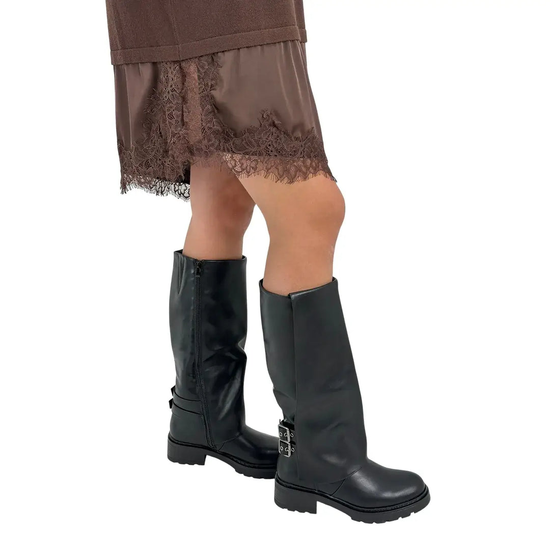Bassini Abito Donna Cioccolato in Maglia con Balza in Raso e Pizzo e Spacchi Laterali