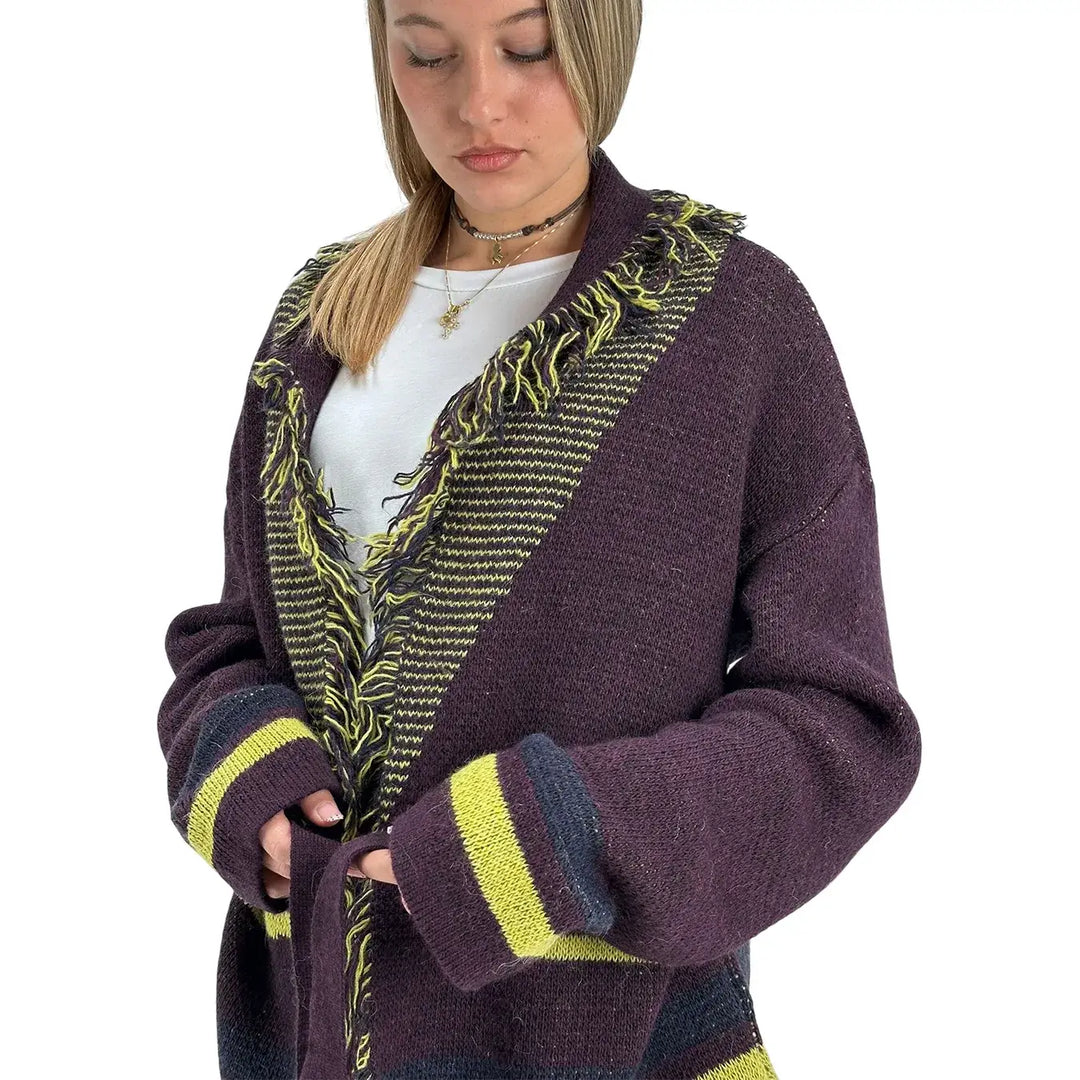 Bassini Maglia Donna Borgogna Aperta con Cintura in Maglia, Bordi Sfrangiati e Ricamo Mountain