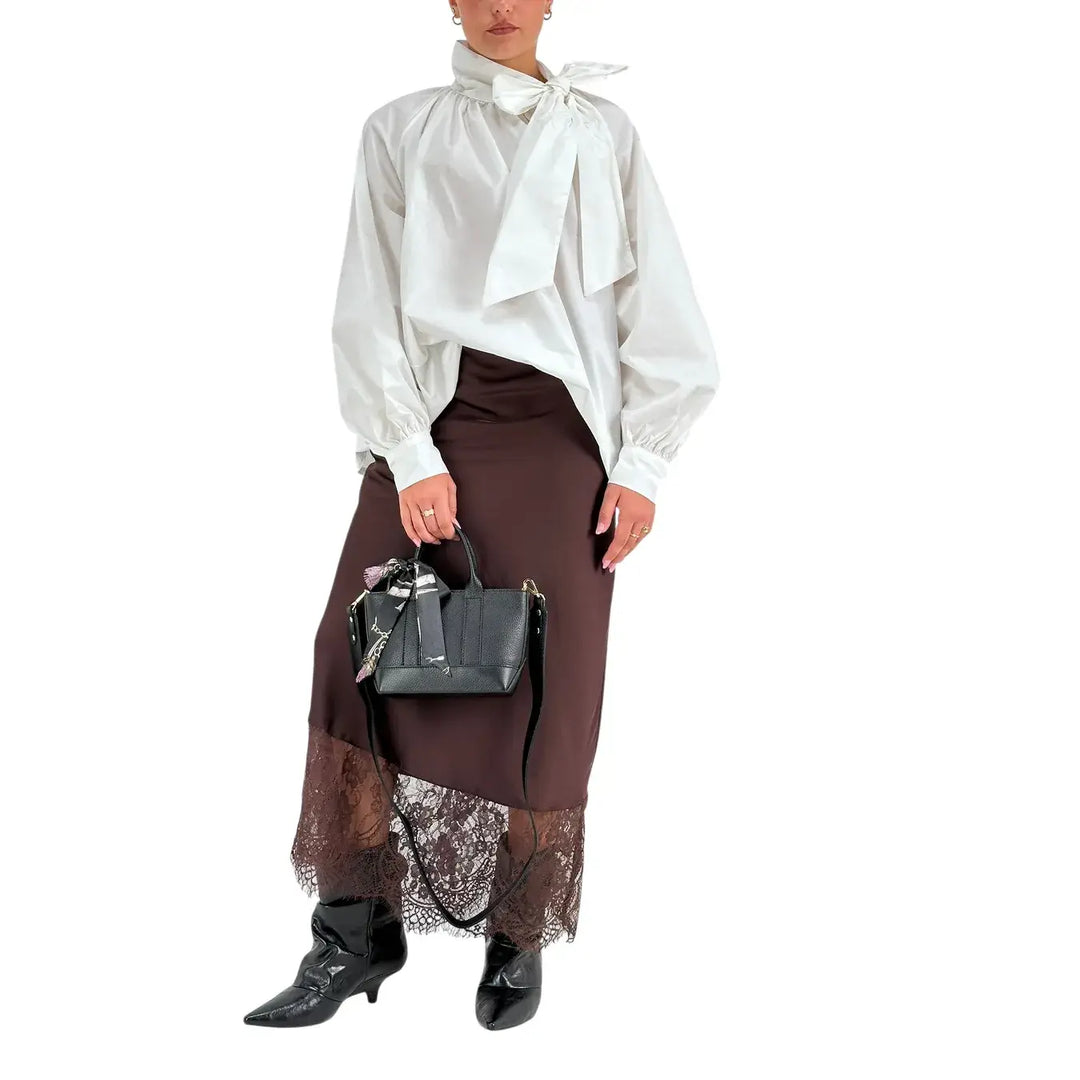 Bassini Blusa Donna Bianca Oversize in Cotone con Collo a Fiocco