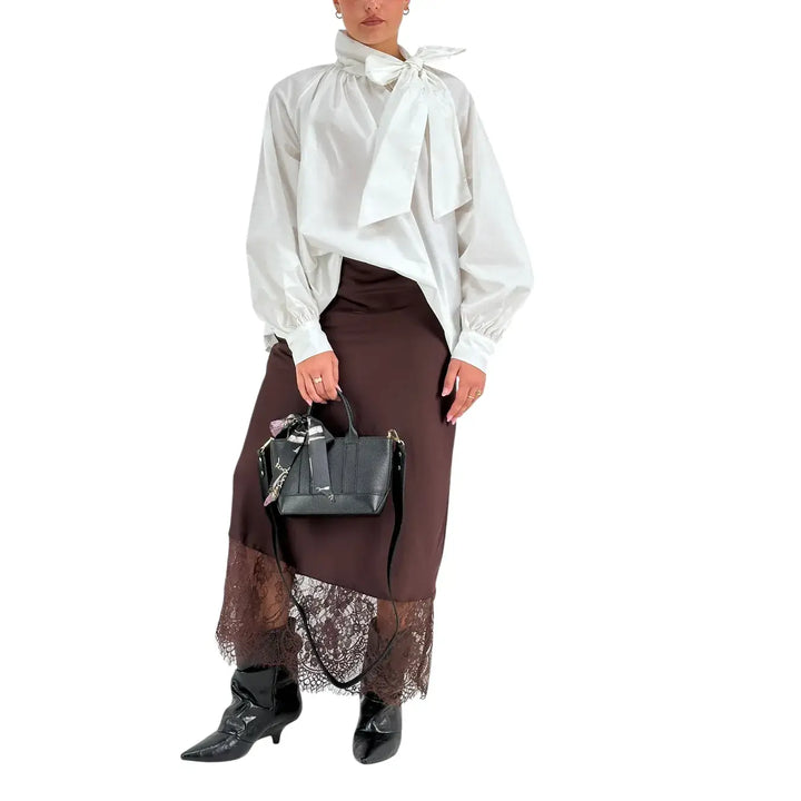 Bassini Blusa Donna Bianca Oversize in Cotone con Collo a Fiocco