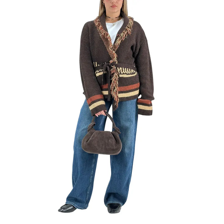 Bassini Cardigan Donna Aperto Cioccolato e Terra di Siena con Cintura in Maglia e Ricamo Mountain