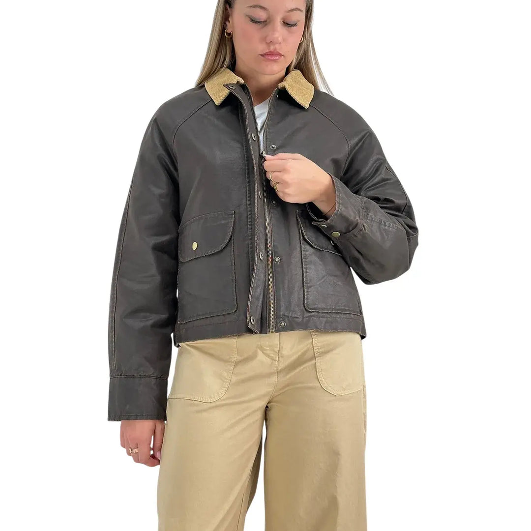 Bassini Giacca Donna Marrone Effetto Cerato Crop con Collo in Velluto Beige e Imbottitura