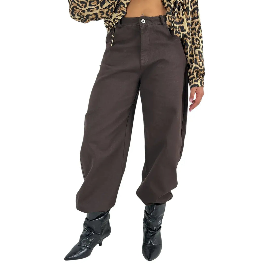 Bassini Pantaloni Donna Banana Cioccolato in Bull di Cotone Oversize a Cinque Tasche