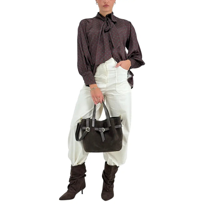 Bassini Camicia Donna Cioccolato con Pois Verdi, Maniche a Sbuffo e Collo con Fiocco