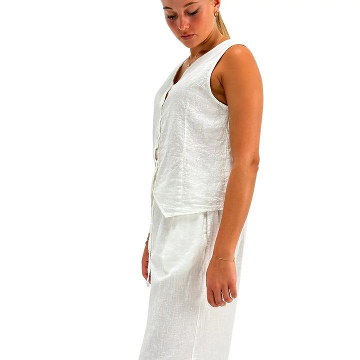 Bassini Camicia Donna Bianca Smanicata in Lino e Cotone con Bottoni e Collo a V