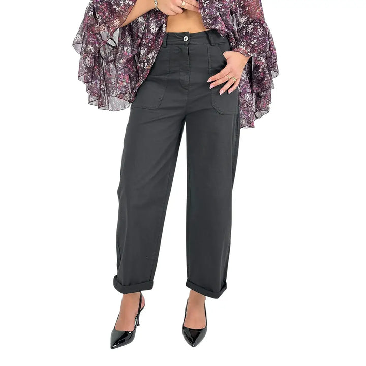 Bassini Pantaloni Donna Palazzo Nero Oversize in Tessuto Elasticizzato con Tasche a Toppa