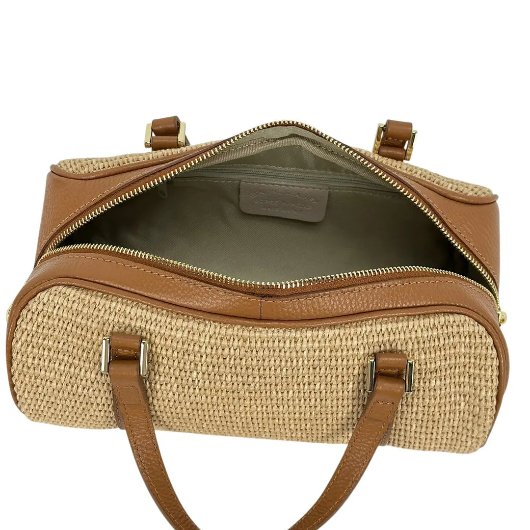 Bassini Borsa Donna Media in Rafia e Pelle Color Cuoio con Due Manici e Tracolla Rimovibile