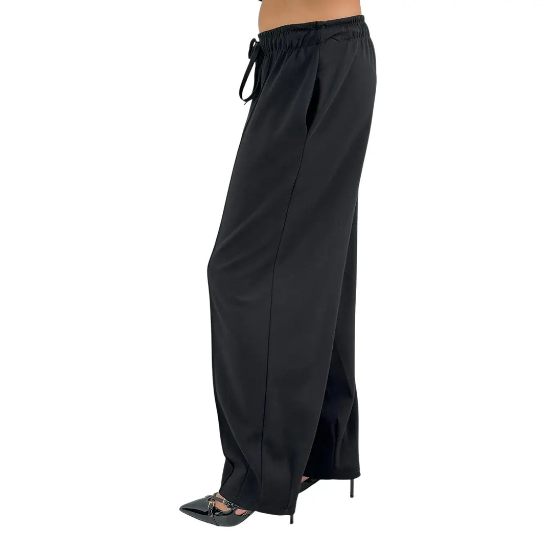Bassini Pantaloni Donna Neri in Felpa Dritti Over con Coulisse e Tasche Laterali
