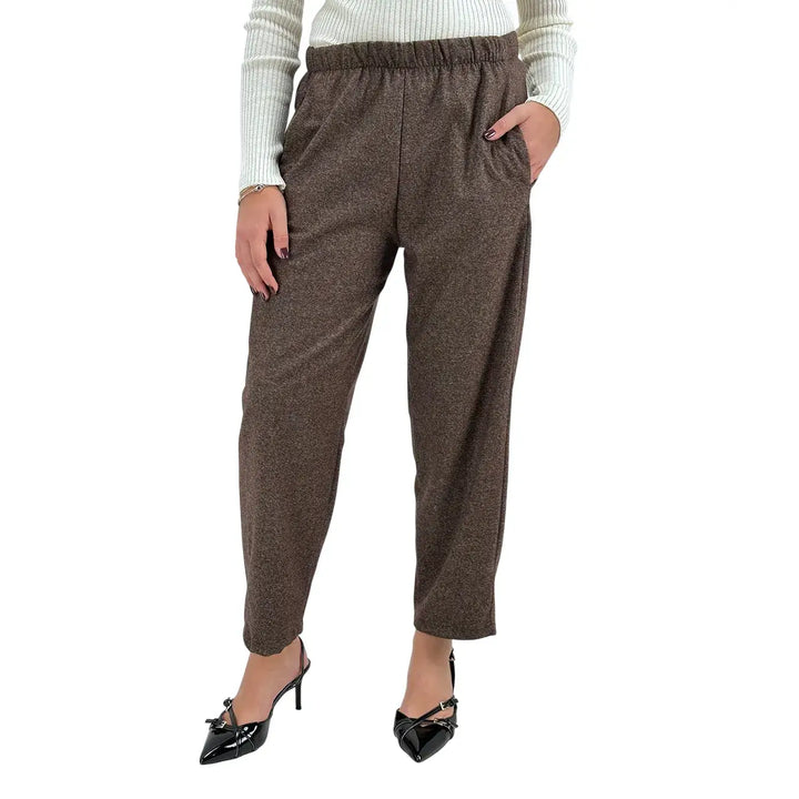 Bassini Pantaloni Donna Marrone Melange Dritti con Elastico in Vita e Tasche Laterali
