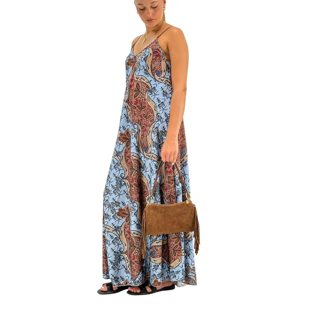Bassini Women's Celestial Blue Long Slip Dress with Damask Print and Straps