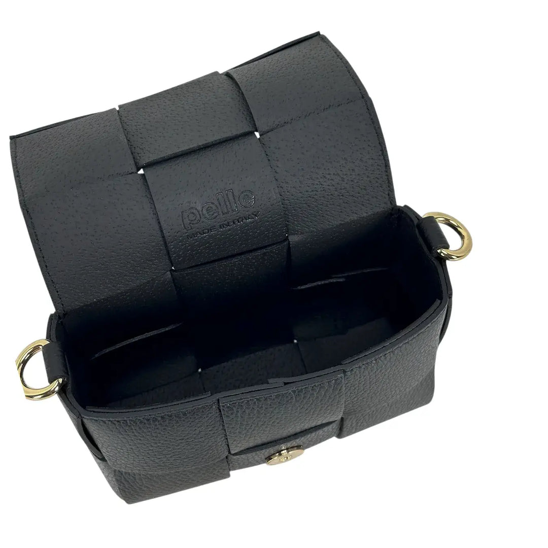Bassini Borsa Donna Piccola in Pelle Nera Intrecciata con Tracolla Rimovibile e Patta Magnetica