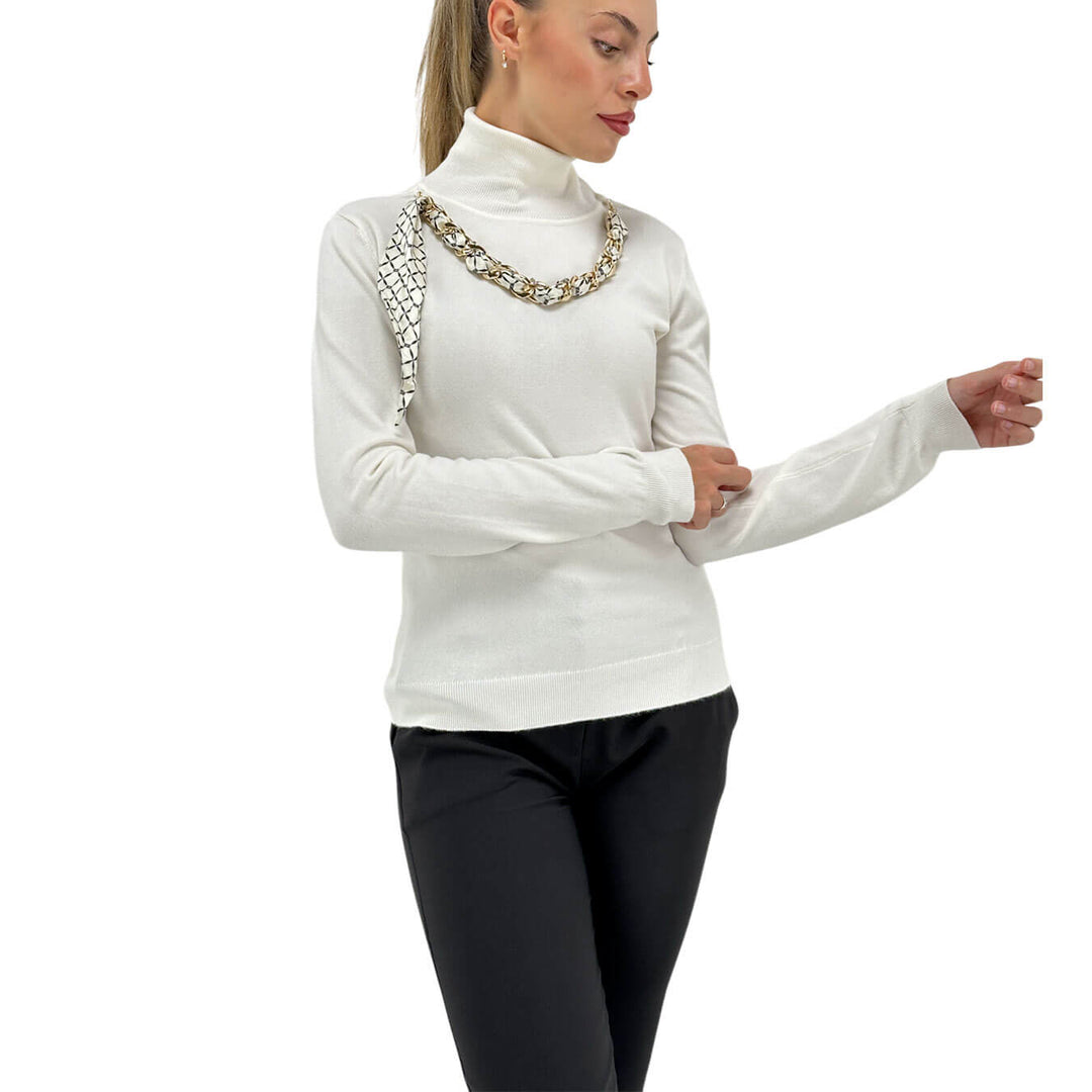 Relish, Maglia, Collo Alto, Viscosa, Collana, Bianco