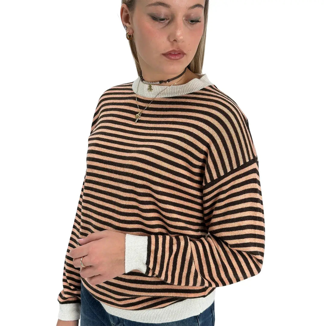 Bassini Maglia Donna Salmone a Righe Moro Girocollo Oversize con Maniche Raglan