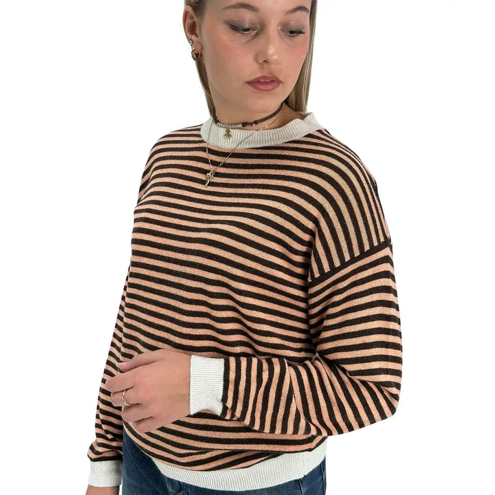 Bassini Maglia Donna Salmone a Righe Moro Girocollo Oversize con Maniche Raglan
