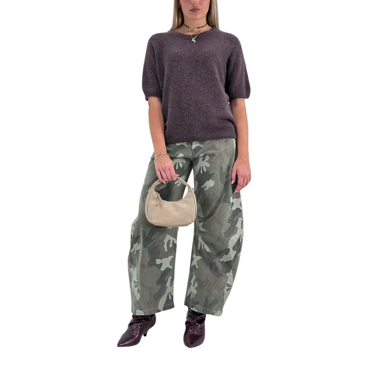 Bassini Maglia Donna Cioccolato Girocollo Oversize con Maniche Corte Raglan e Orlo a Costine