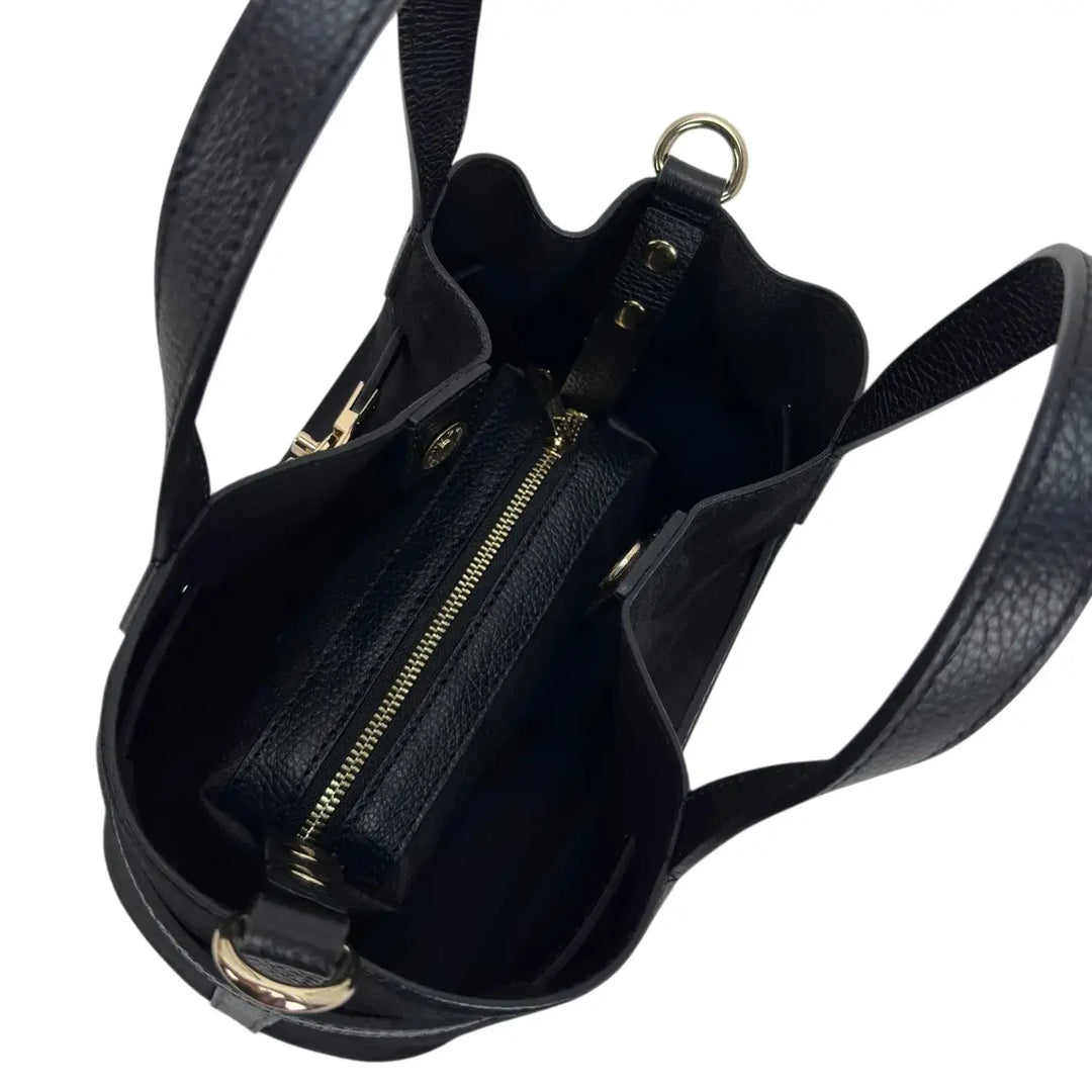 Bassini Borsa Donna Secchiello in Pelle Scamosciata Nero con Doppi Manici e Tracolla Rimovibile