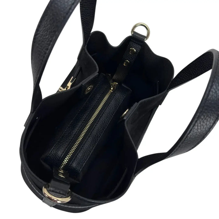Bassini Borsa Donna Secchiello in Pelle Scamosciata Nero con Doppi Manici e Tracolla Rimovibile