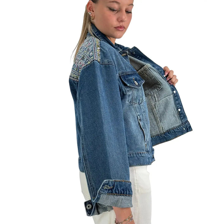 Bassini Giubbotto Donna Blu Medio Modello Trucker in Denim Elasticizzato con Ricami e Paillettes