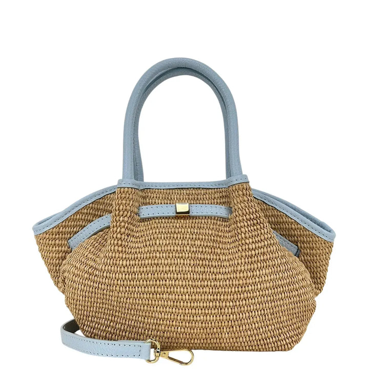 Bassini Borsa Donna in Raffia e Pelle Celeste con Due Manici e Tracolla Rimovibile