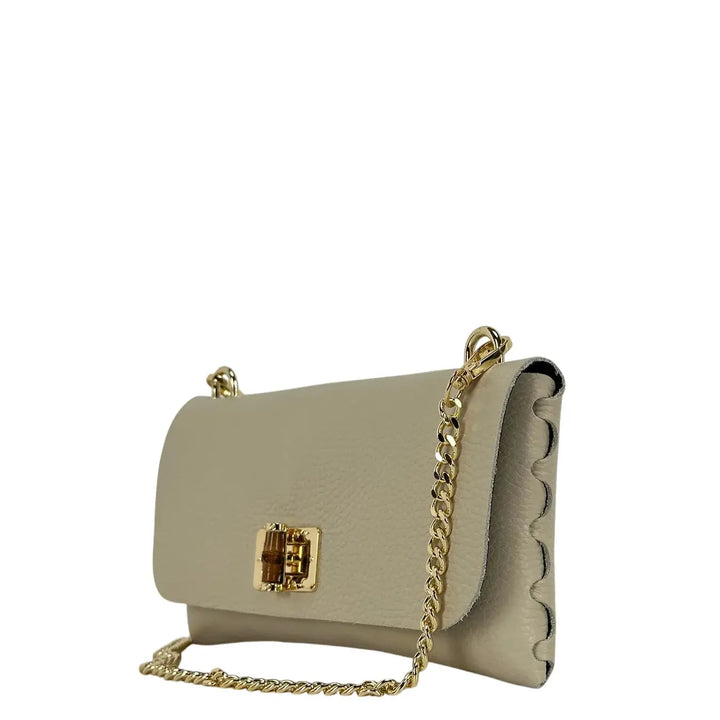 Bassini Borsa Donna Piccola in Pelle Avorio con Tracolla Oro e Chiusura Girello Bambù