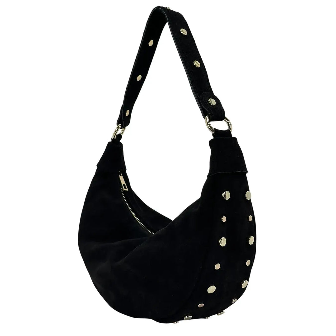 Bassini Borsa Donna Mezza Luna in Pelle Scamosciata con Borchie Oro e Tracolla Intercambiabile Nero